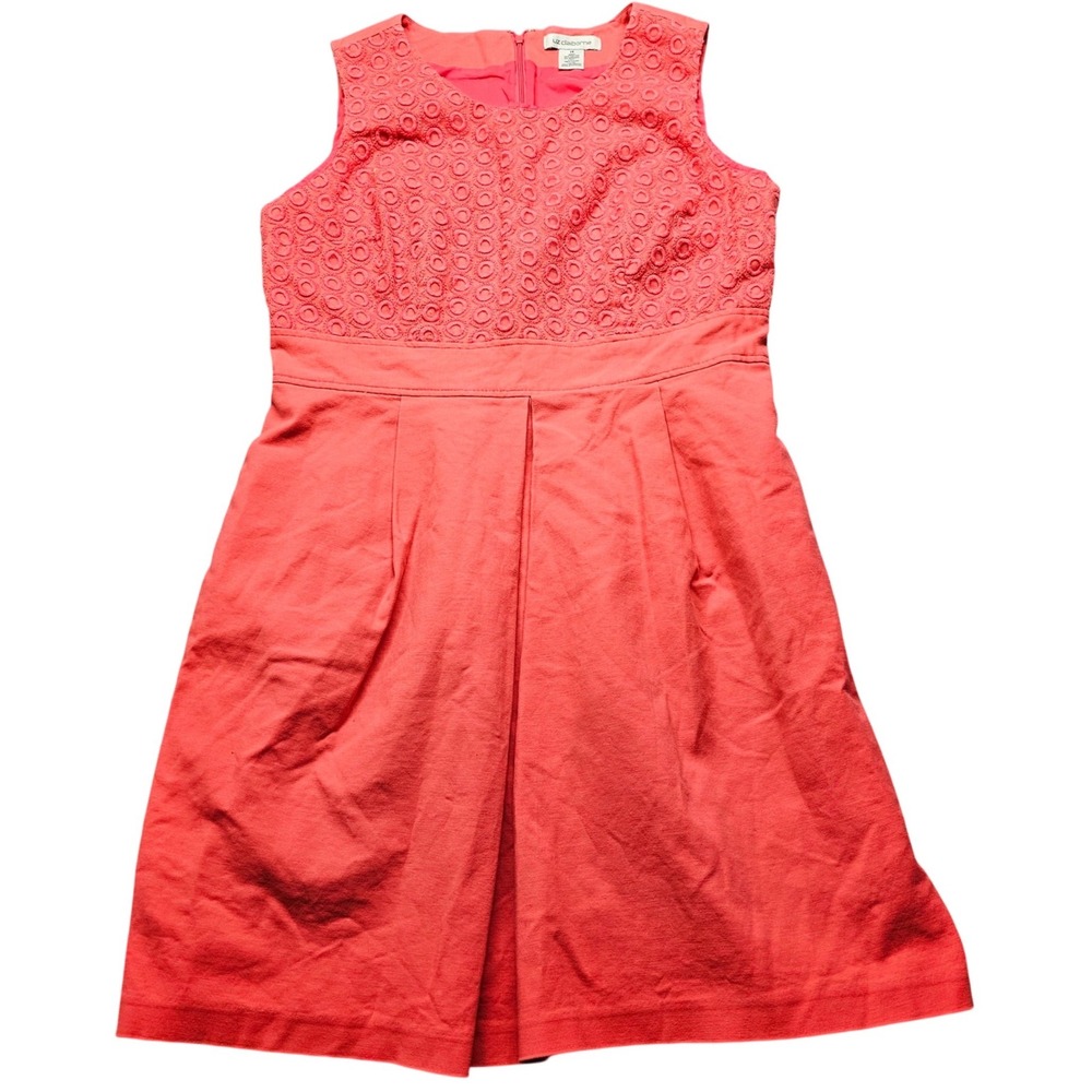 Liz Claiborne Eyelet Lace Bodice Pleated Dress Womens 14 Coral Pink Sleeveless